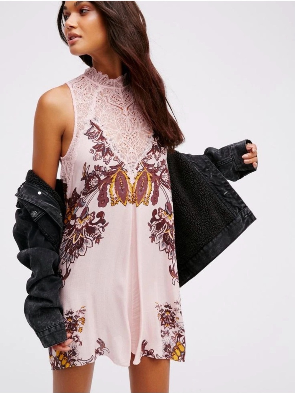 Free People Marsha Lace Slip Babydoll Dress Boho Crochet Lace Yoke High Neck